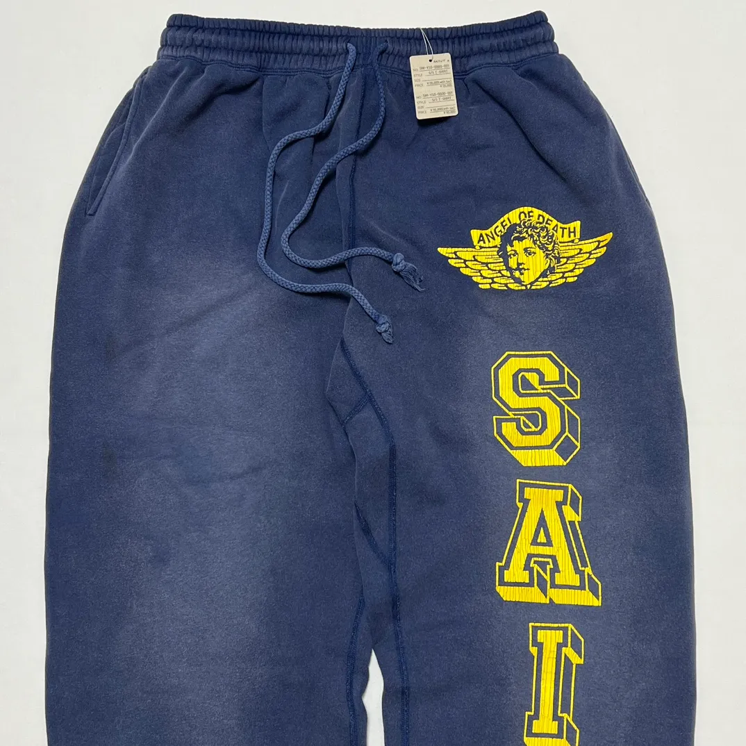 SAINT M×××××× ANGEL SWEATER PANTS/NAVY Angel Reborn Blue Sweatpants Washed Blue S-XL Assute Garment Dyeing Full Clothes Water Fading Dirty and Distressed New Vintage Ceiling God Cut Original Same Style